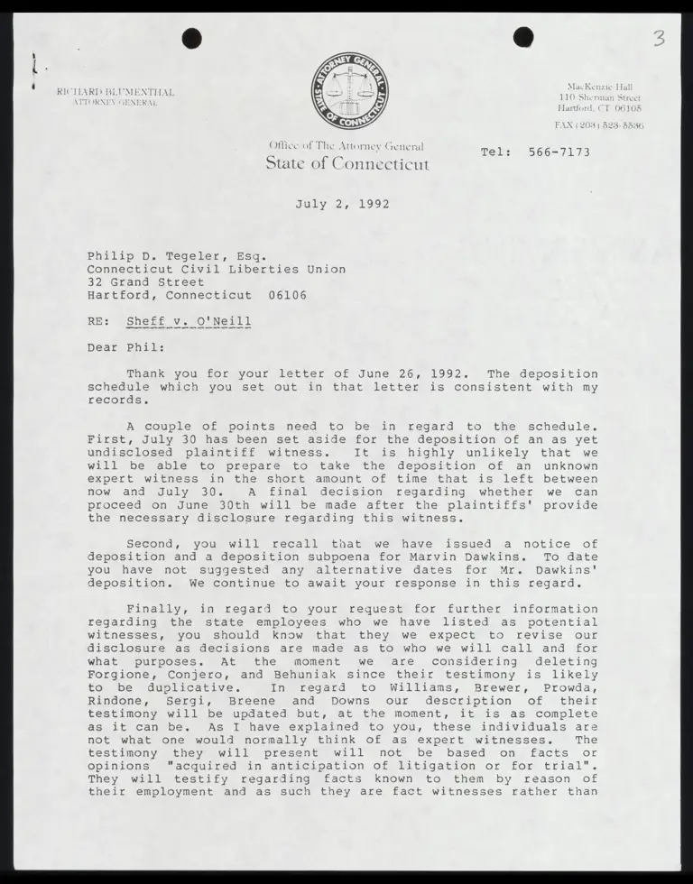 Correspondence from Whelan to Tegeler Re: Deposition Schedule preview