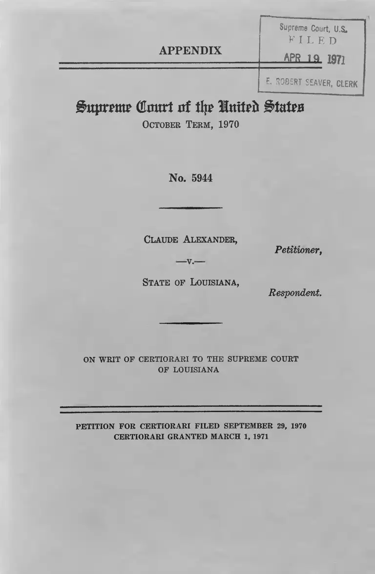 Alexander v. Louisiana Petition for Certiorari Filed September 29, 1970, Certiorari Granted March 1, 1971 preview