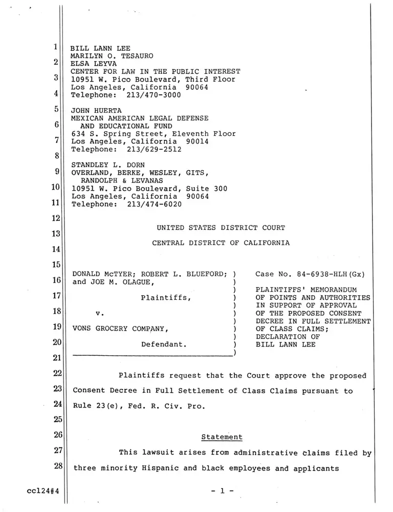 McTyer v. Vons Grocery Company Plaintiffs' Memorandum of Points and Authorities in Support of Consent Decree preview