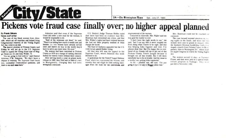 Pickens Vote Fraud Case Finally Over; No Higher Appeal Planned; Pickens Board of Education OK's Work on Gordo School News Clippings preview