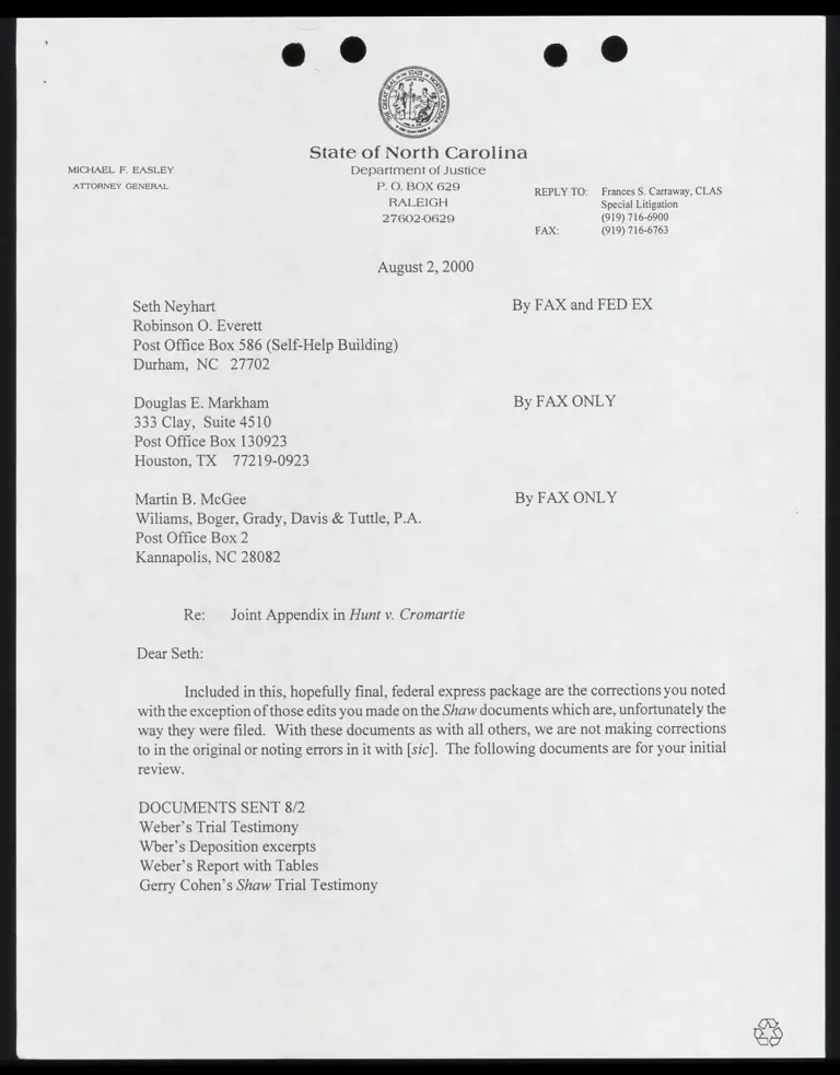 Correspondence from Carraway to Neyhart, Markham, and McGee Re: Joint Appendix; Enclosed Weber Testimony Excerpts and Exhibits preview