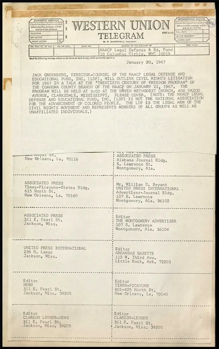 J. Greenberg to Speak on 1967 Plans (Telegram) preview