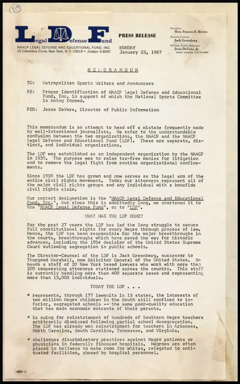 Memorandum re: Proper Identification of NAACP LDF in Support of which the National Sports Committee is Being Formed preview