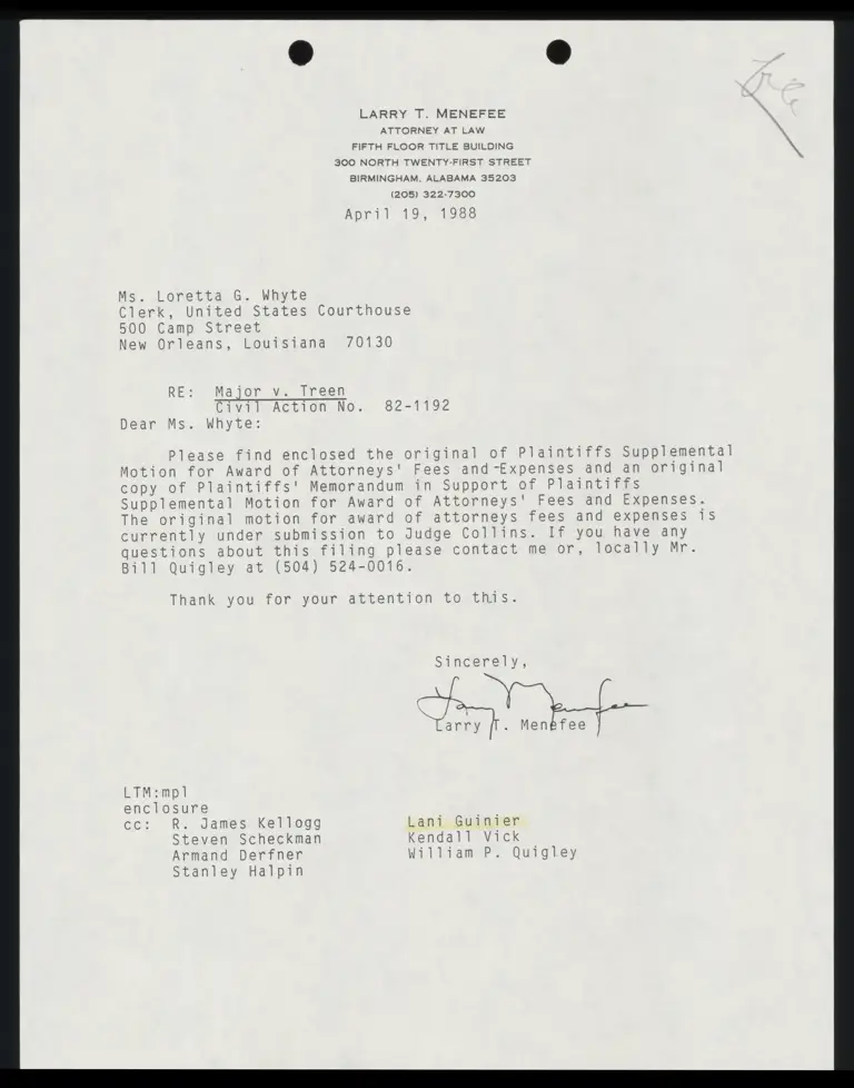 Plaintiff's Supplemental Motion for an Award of Attorneys' Fees and Expenses; Affidavit of Larry T. Menefee and Attached Exhibits preview