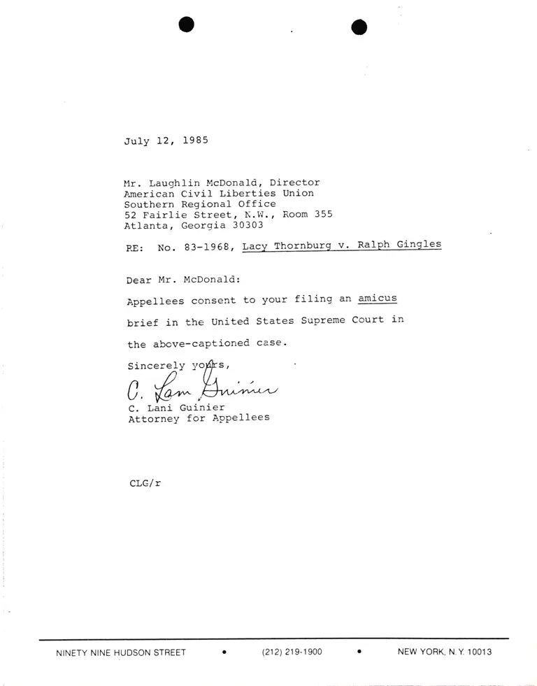 Correspondence from Lani Guinier to Laughlin McDonald (ACLU) Re Thornburg v. Gingles Amicus Brief preview