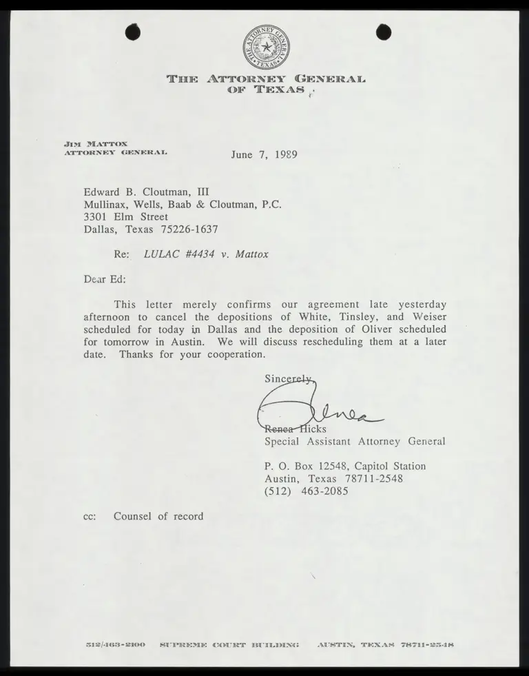 Correspondence from Hicks to Cloutman; from Hicks to Rios preview