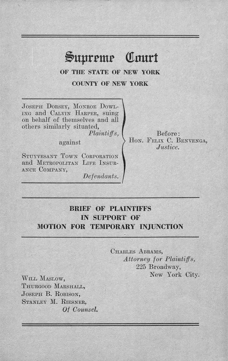 Dorsey v. Stuyvesant Town Corporation Brief of Plaintiffs in Support of Motion for Temporary Injunction preview