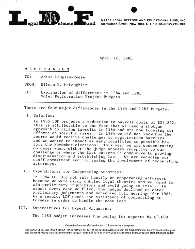 Memorandum from Eileen K. McLoughlin to Adisa Douglas-Reese Re: Explanation of Differences in 1984 and 1985 Voter Registration Project Budgets preview
