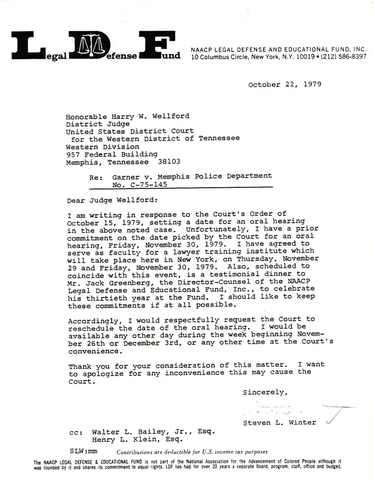 Correspondence from Steven L. Winter to Judge Harry Wellford preview