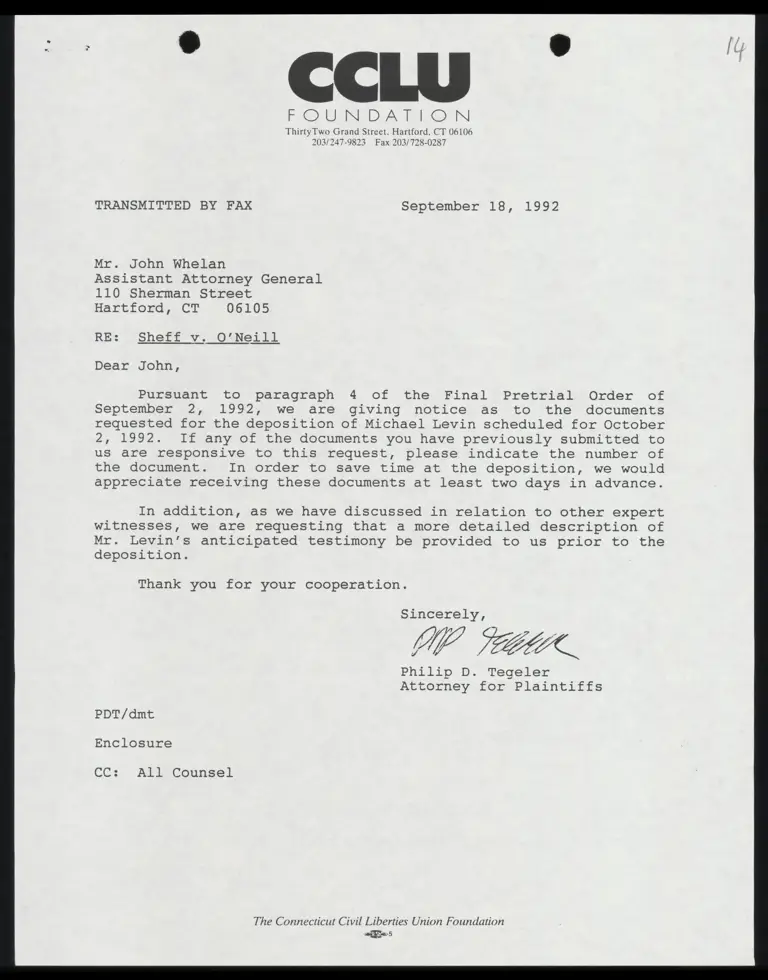 Fax to All Counsel RE: Request of Deposition Documents with Attached Subpoena and Certificate of Service preview