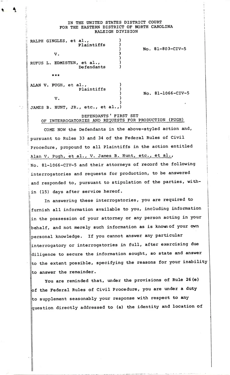 Gingles v. Edmisten and Pugh v. Hunt Defendants' First Set of Interrogatories and Requests for Production (Pugh) preview