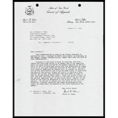 Letter From Cohen to Hess RE: 20-Day Notice Pursuant to Section 500.9 (b) preview