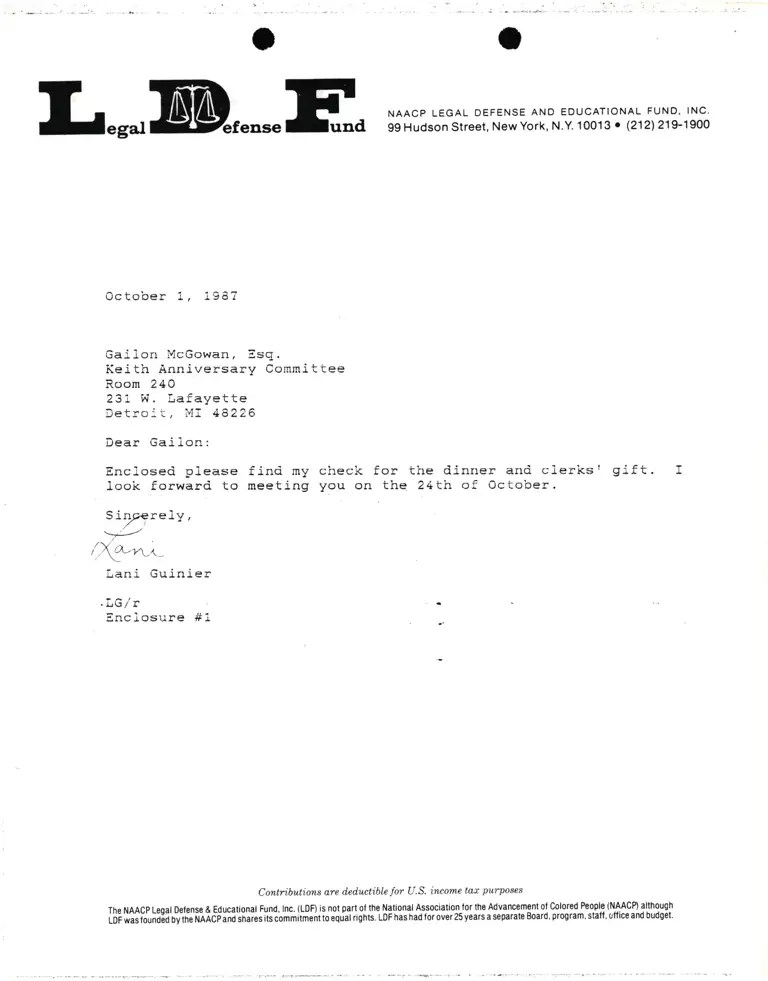 Correspondence from Lani Guinier to Gailon McGowan, Esq. (Keith Anniversary Committee) preview