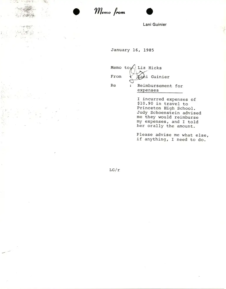 Memorandum from Lani Guinier to Liz Hicks Re Reimbursement for Expenses preview