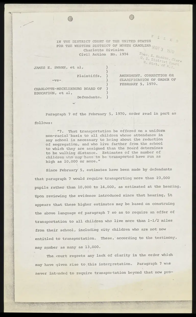 Amendment, Correction or Clarification of Order of February 5, 1970 preview