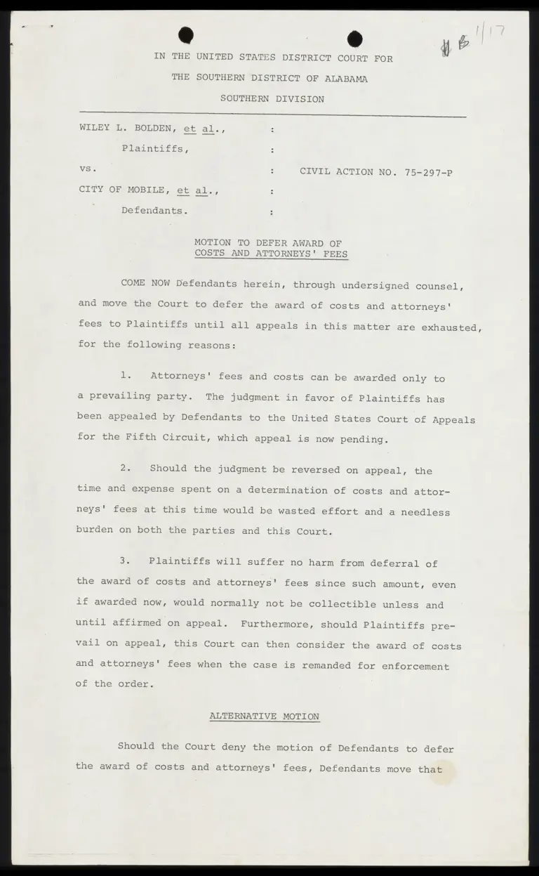 Motion to Defer Award of Costs and Attorney's Fees preview