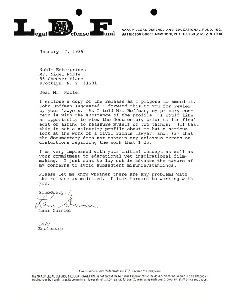 Correspondence from Lani Guinier to Nigel Noble (Noble Enterprises) preview