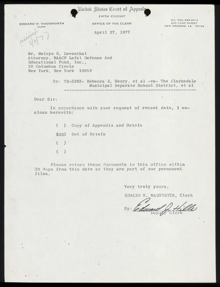 Correspondence from Clerk to Leventhal Re: Set of Briefs preview