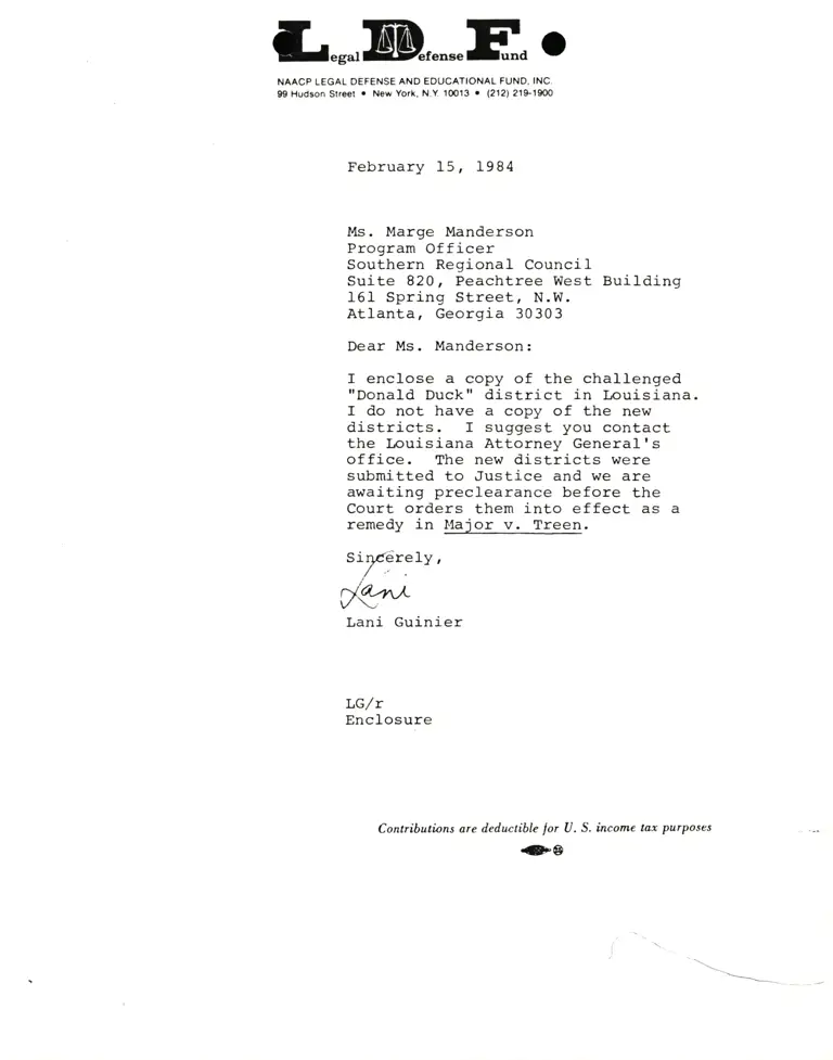 Letter from Lani Guinier to Marge Manderson RE: Louisiana voting districts preview