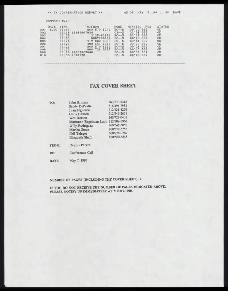 Memo RE: Next Conflict Call with Cover Sheet preview