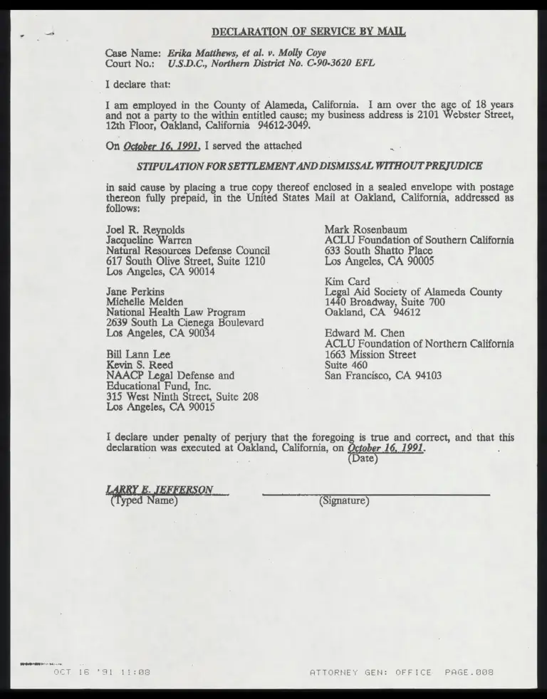 Declaration of Service: Stipulation for Settlement and Dismissal Without Prejudice preview