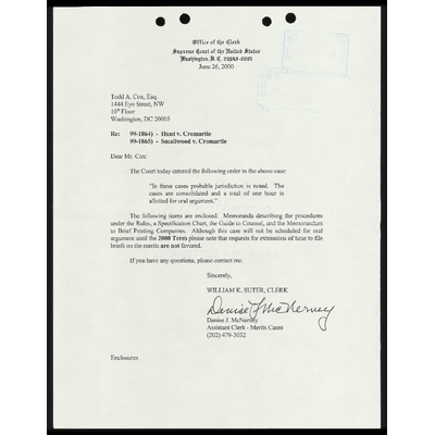 Letter to Cox from Court RE: Memo for Rules, Specification Chart, Guide to Counsel, and Memo to Brief Printing Companies preview