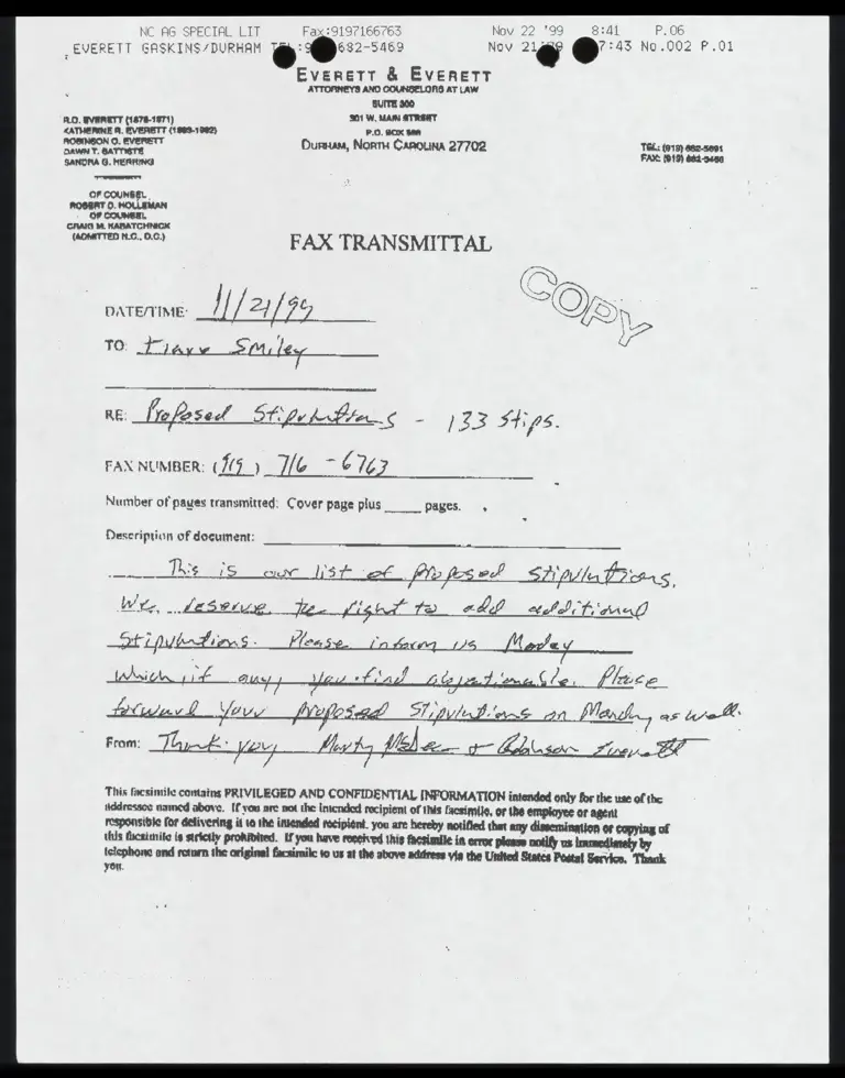 Fax from McGee and Everett to Smiley RE: Stipulations preview