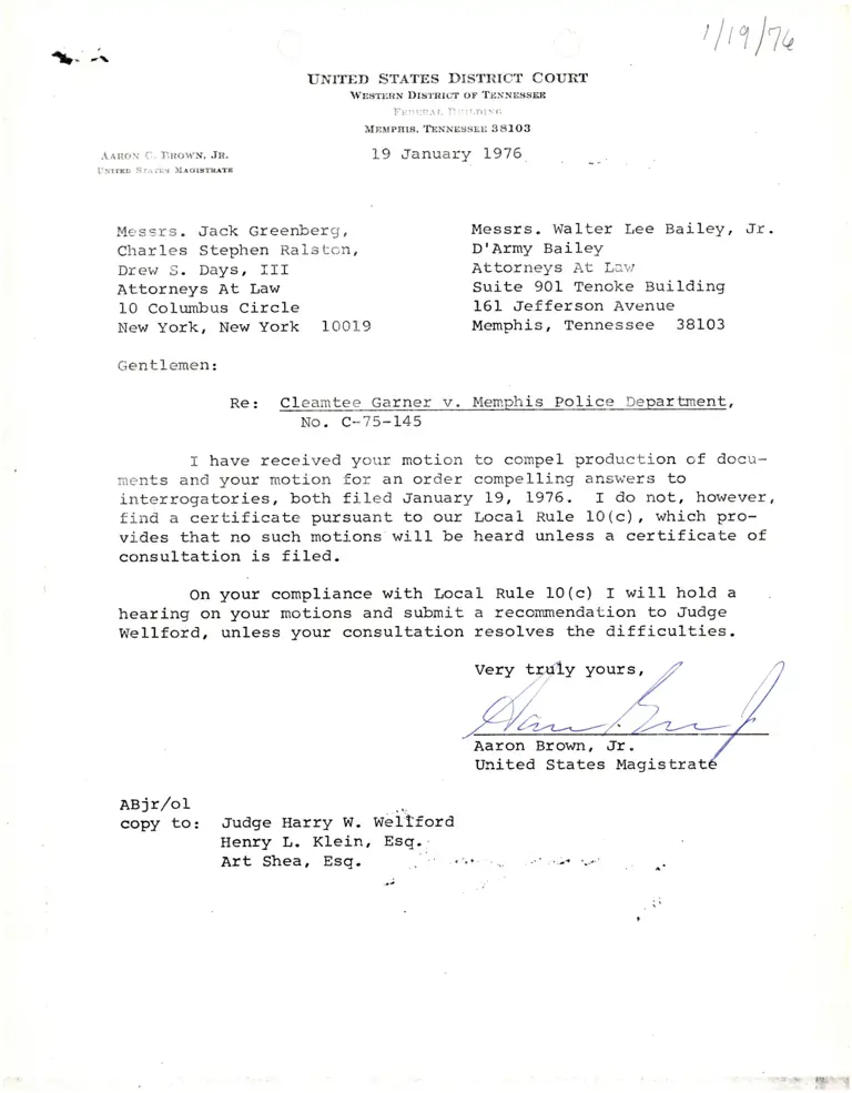 Correspondence from Aaron Brown to Jack Greenberg preview