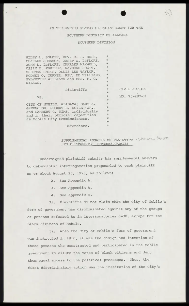 Supplemental Answers of Plaintiff Sherman Smith to Defendants' Interrogatories preview