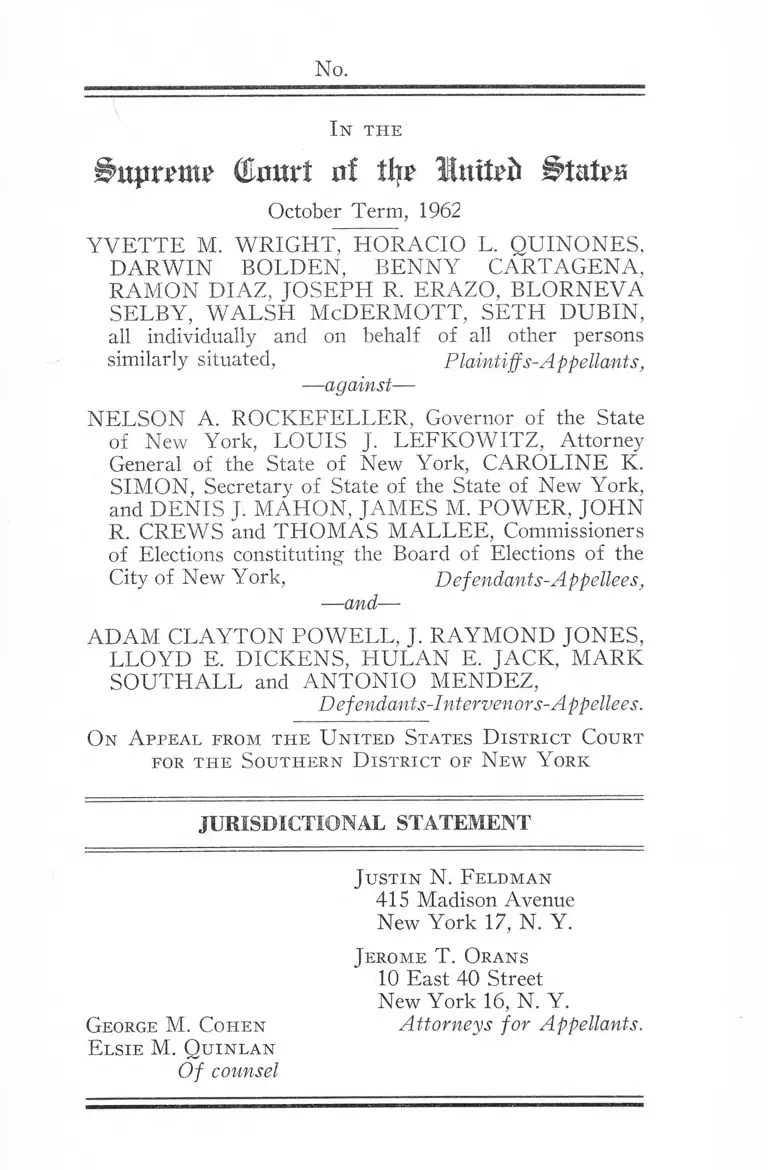 Wright v. Rockefeller Brief for Appellants Jurisdictional Statement preview