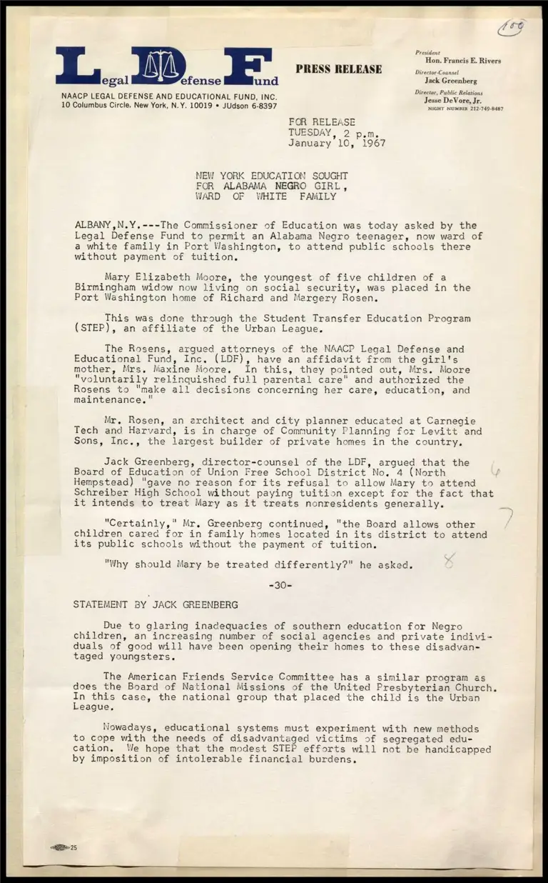 New York Education Sought for Alabama Negro Girl, Ward of White Family preview