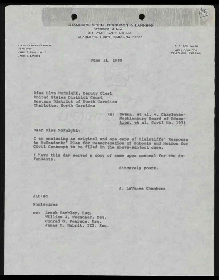 Correspondence from Chambers to Clerk Re: Plaintiffs' Response to Defendants' Desegregation Plan preview