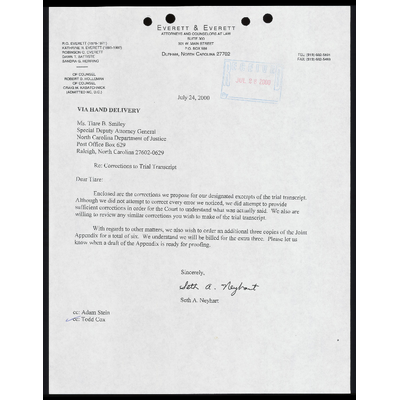 Letter to Smiley from Neyhart RE: Corrections to Trial Transcript preview