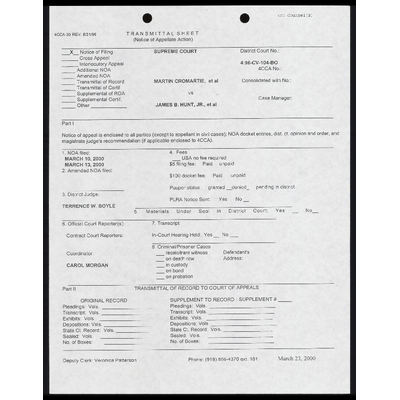 Notice of Appeal; Defendant-Intervenors' Notice of Appeal; Cromartie v. Hunt Civil Docket preview