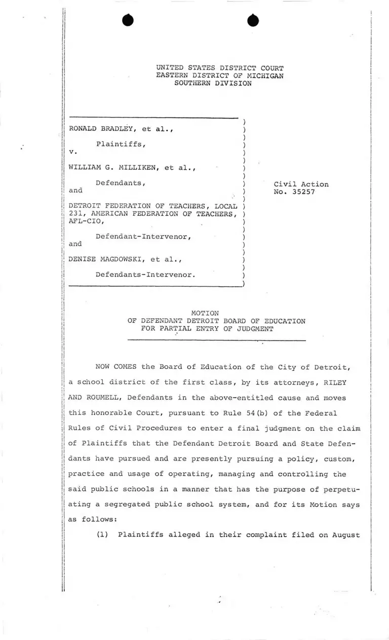 Motion of Defendant Detroit Board of Education for Partial Entry of Judgment preview