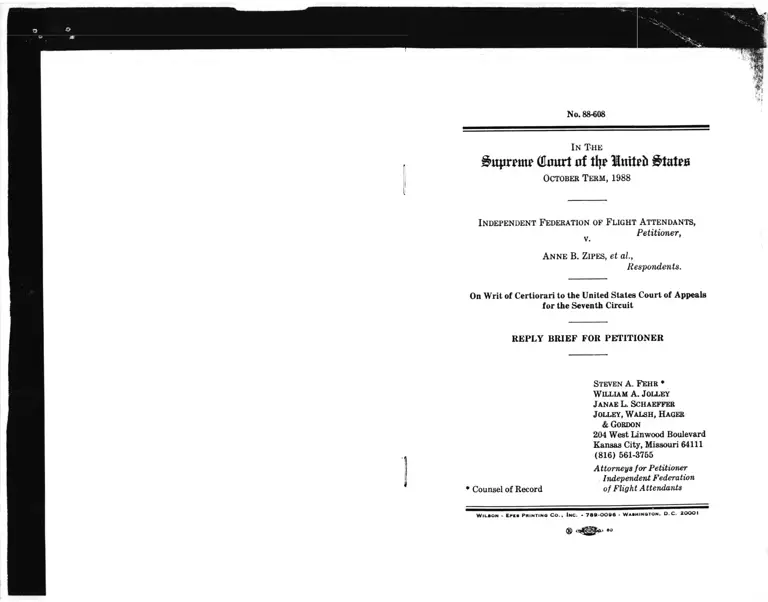 Independent Federation of Flight Attendants v. Zipes Reply Brief for Petitioner preview