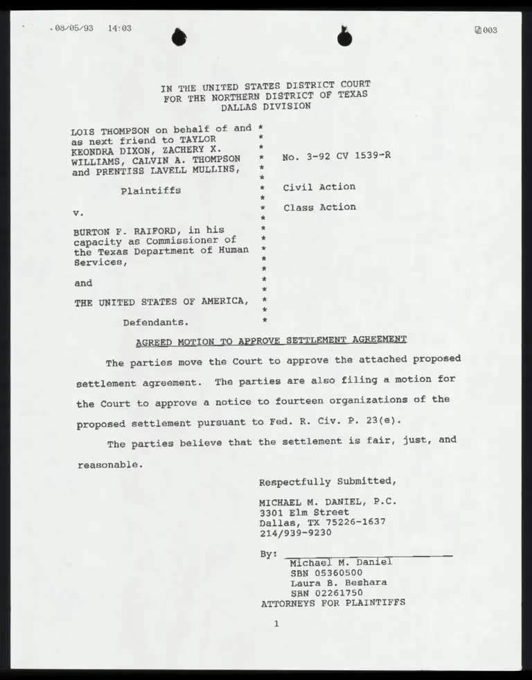 Plaintiff's Agreed Motion to Approve Settlement Agreement preview