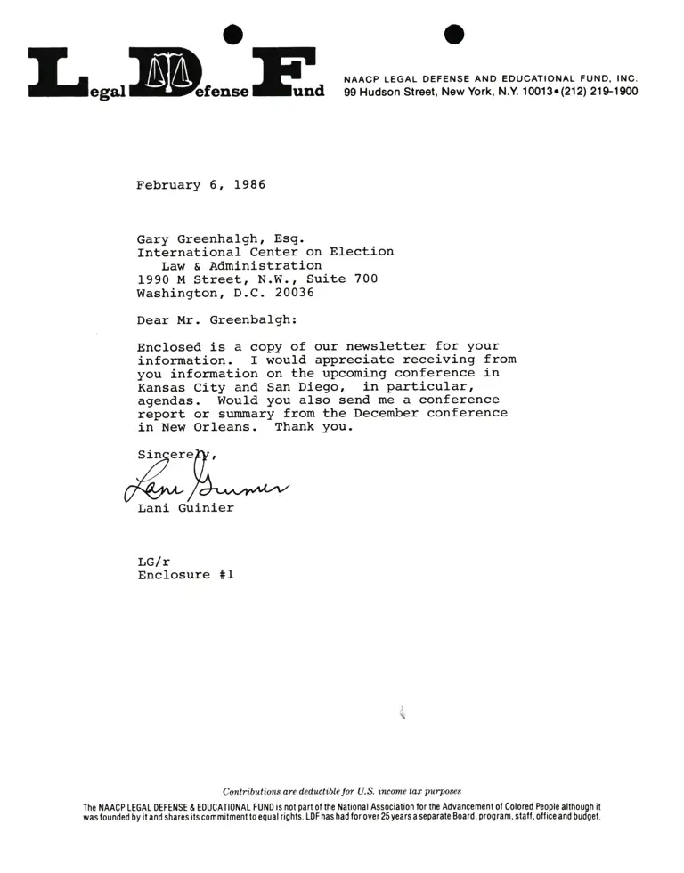 Correspondence from Lani Guinier to Gary Greenhalgh, Esq. (International Center on Election) preview