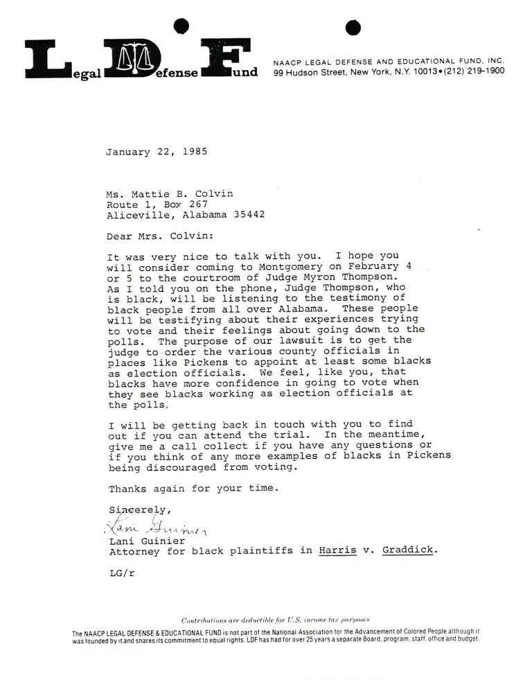 Correspondence from Lani Guinier to Mattie B. Colvin Re Harris v. Graddick preview