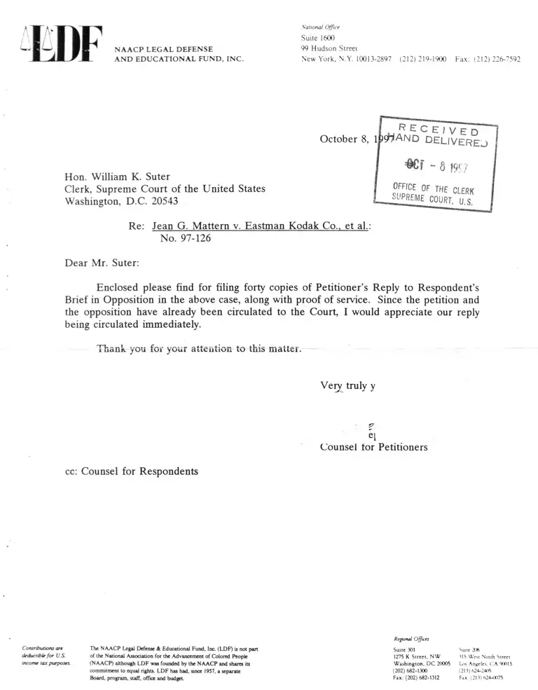 Mattern v. Eastman Kodak Company Petitioners' Reply to Respondent's Brief in Opposition preview