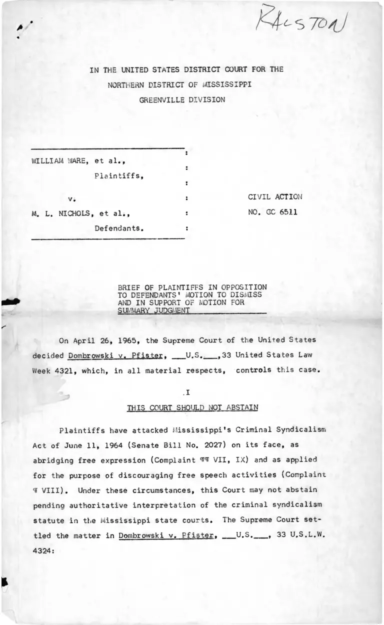 Ware v. M.L. Nichols Brief of Plaintiffs in Opposition to Motion to Dismiss and in Support of Motion for Summary Judgement preview