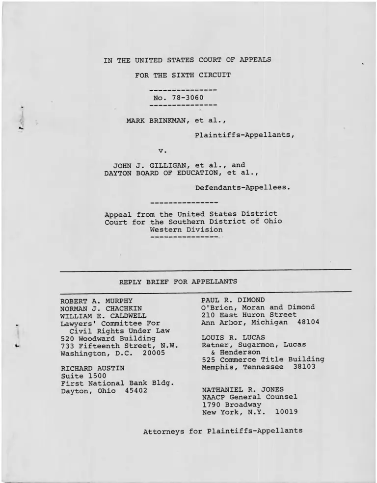 Brinkman v. Gilligan Reply Brief for Appellants preview