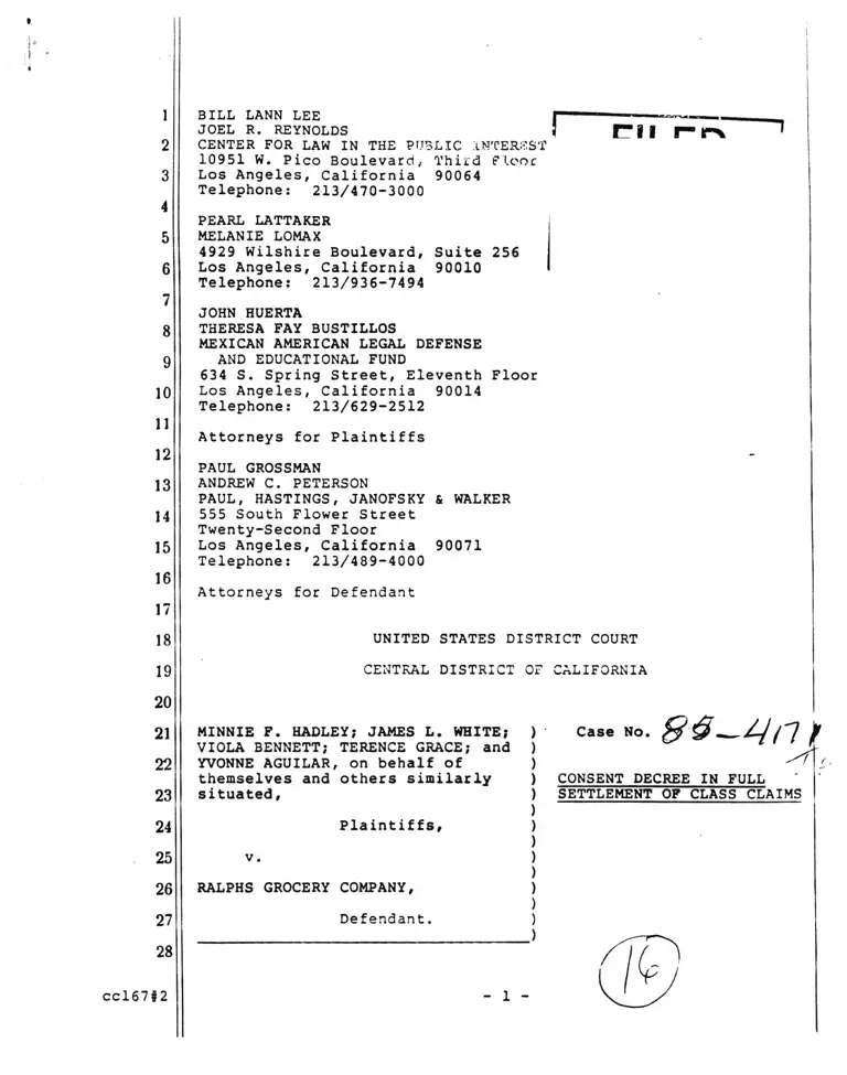 Hadley v. Ralphs Grocery Company Consent Decree in Full Settlement of Class Claims preview
