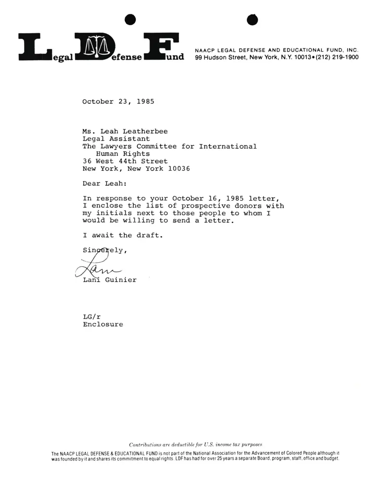 Correspondence from Lani Guinier to Leah Leatherbee (The Lawyers Committee for International Human Rights) preview