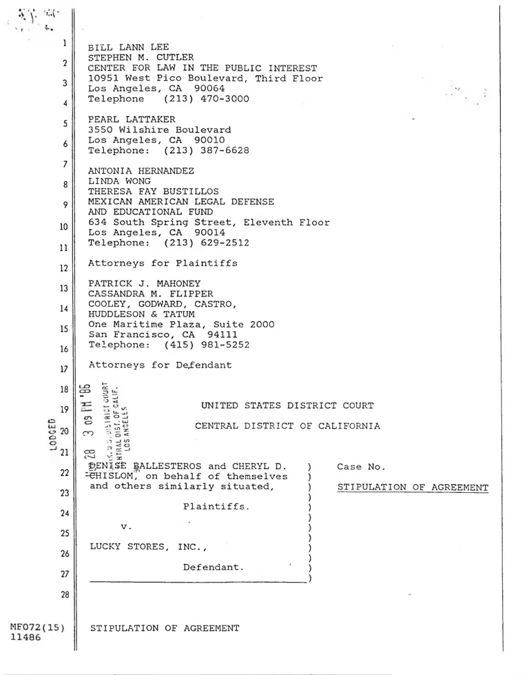 Ballesteros v. Lucky Stores Stipulation of Agreement; Consent Decree in Full Settlement of Class Claims preview