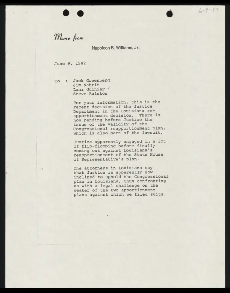 Memo to Jack Greenberg from Napoleon Williams RE Decision of Justice Dept in LA Reapportionment preview
