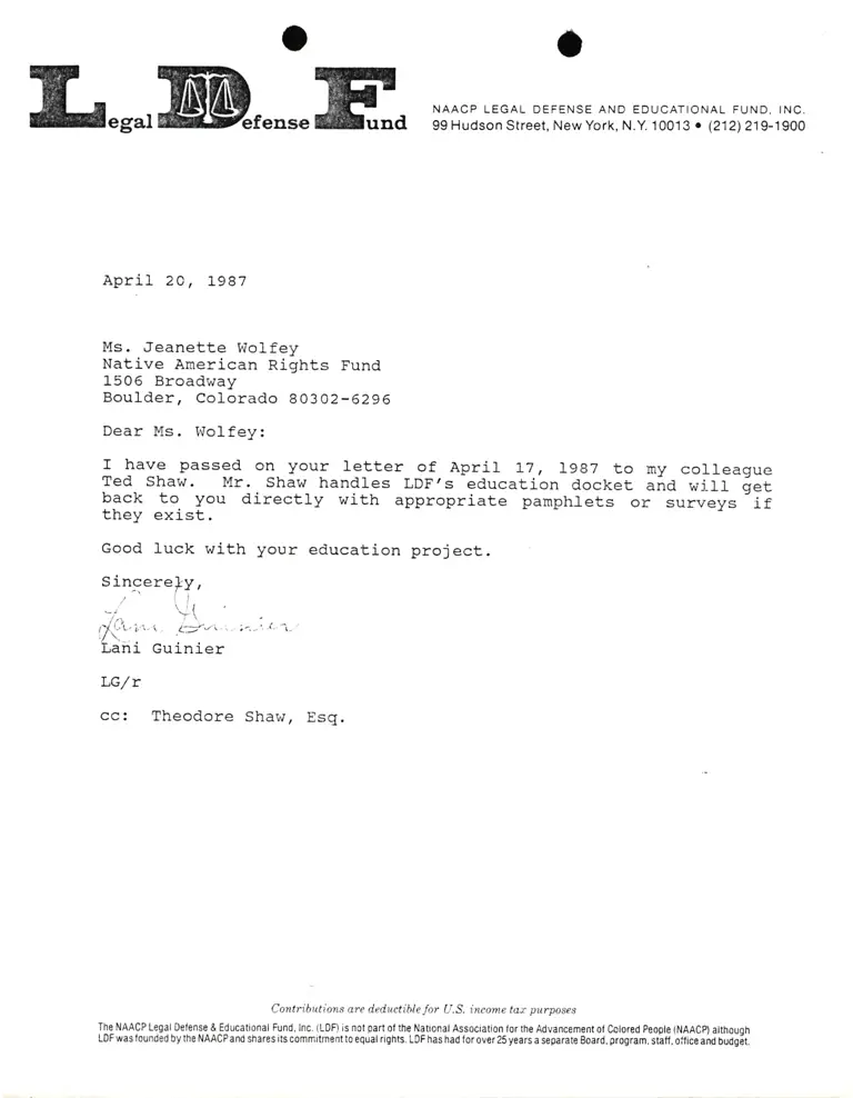 Correspondence from Lani Guinier to Jeanette Wolfey (Native American Rights Fund) preview