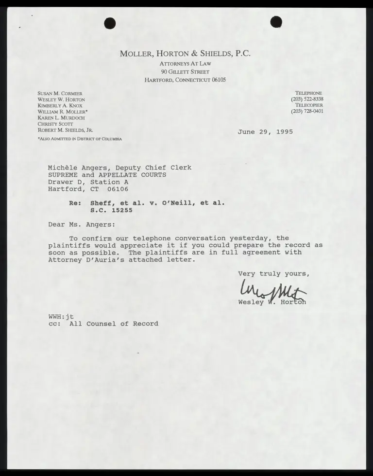 Letter from Moller, Horton & Shields, P.C. to court RE: Preparation of Record preview