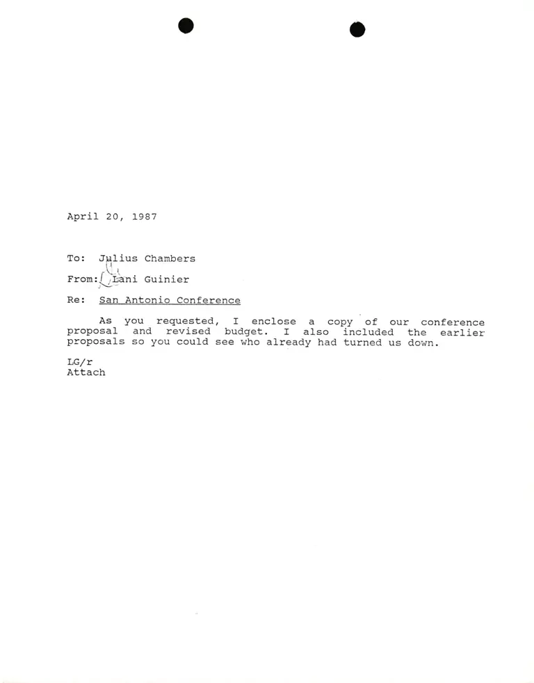 Correspondence from Lani Guinier to Julius Chambers Re San Antonio Conference preview