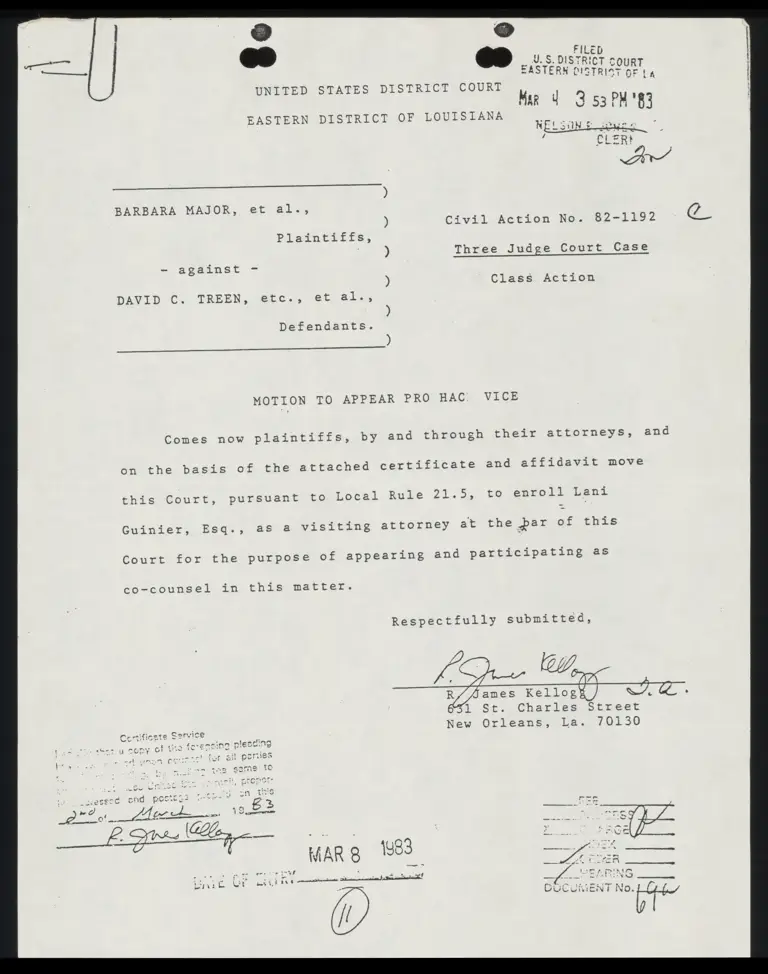 Motion to Appear Pro Hac Vice; Order; Affidavit and Certification of Practice of Lani Guinier preview